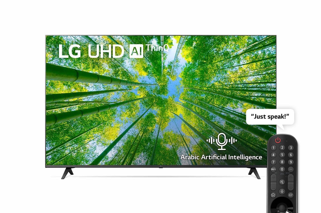 LG UHD 4K TV 65 Inch UQ8000 Series, Cinema Screen Design 4K Active HDR webOS Smart ThinQ AI, A front view of the LG UHD TV with infill image and product logo on, 65UQ80006LD