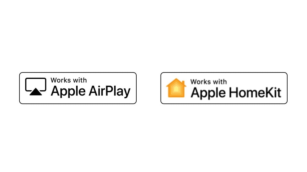 Négy logó van eltolva sorrendben – Hey Google, beépített alexa, működik az Apple AirPlay-vel, működik az Apple HomeKittel.