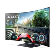 LG OLED Flex 42 Inch 4K TV Smart TV, bendable flexible screen design, SAR display, a9 Gen5 AI processor., Left-facing Flex seen from a front 45-degree angled view with a fully curved screen., 42LX3Q6LA, thumbnail 1