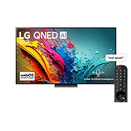 Front view of LG QNED TV, QNED90 with text of LG QNED MiniLED, 2024, and webOS Re:New Program logo on screen2