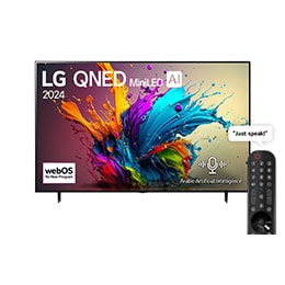 Front view of LG QNED TV, QNED90 with text of LG QNED MiniLED, 2024, and webOS Re:New Program logo on screen2