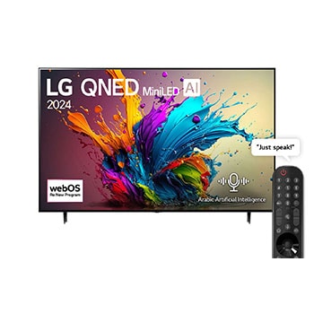 Front view of LG QNED TV, QNED90 with text of LG QNED MiniLED, 2024, and webOS Re:New Program logo on screen1