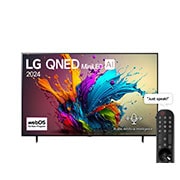 LG 65 Inch LG QNED MiniLED AI QNED90 4K Smart TV 2024, Front view of LG QNED TV, QNED90 with text of LG QNED MiniLED, 2024, and webOS Re:New Program logo on screen, 65QNED90T6A, thumbnail 1