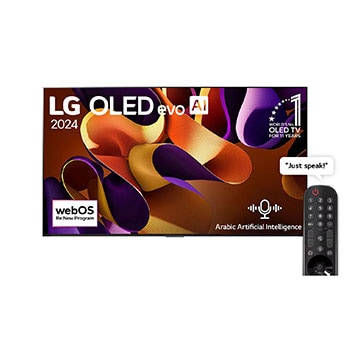 Front view with LG OLED evo AI TV, OLED G4, 11 Years of world number 1 OLED Emblem, webOS Re:New Program logo, and 5-Year Panel Warranty logo on screen1