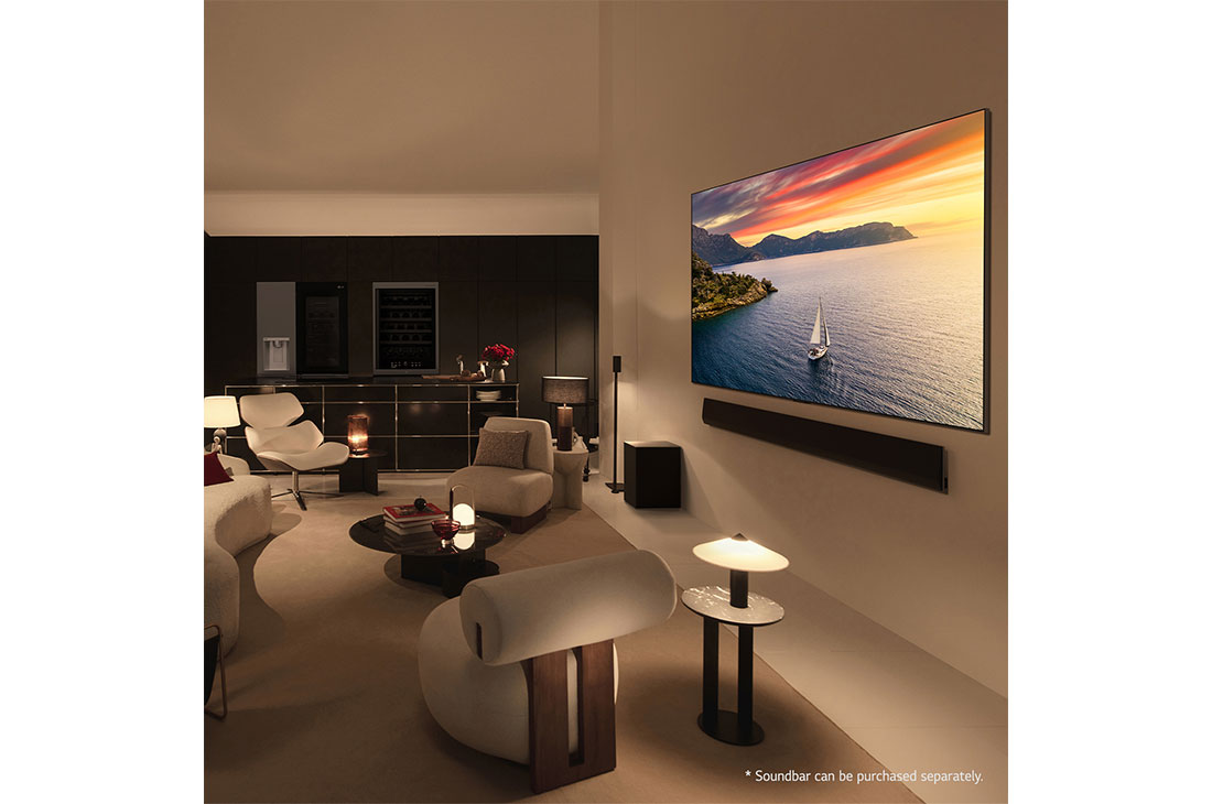 LG 77 Inch LG OLED evo AI G4 4K Smart TV AI Magic remote Dolby Vision webOS24 - OLED77G46LA (2024), life style TV with soundbar perspective view, OLED77G46LA, thumbnail 16