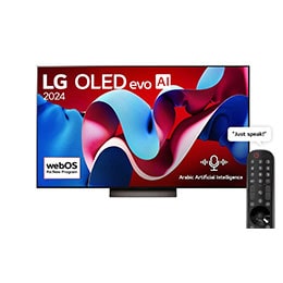 Front view with LG OLED evo AI TV, OLED C4, 11 Years of world number 1 OLED Emblem logo and webOS Re:New Program logo on screen2