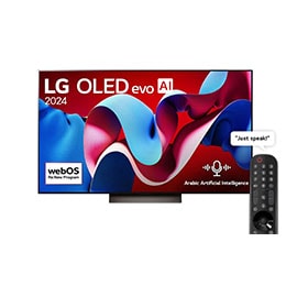Front view with LG OLED evo AI TV, OLED C4, 11 Years of world number 1 OLED Emblem logo and webOS Re:New Program logo on screen2