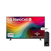 LG 65 Inch LG NanoCell AI NANO80 4K Smart TV AI Magic remote HDR10 webOS24 - 65NANO80T6A (2024), Front view of LG NanoCell TV, NANO80 with text of LG NanoCell, 2024, and webOS Re:New Program logo on screen, 65NANO80T6A, thumbnail 1