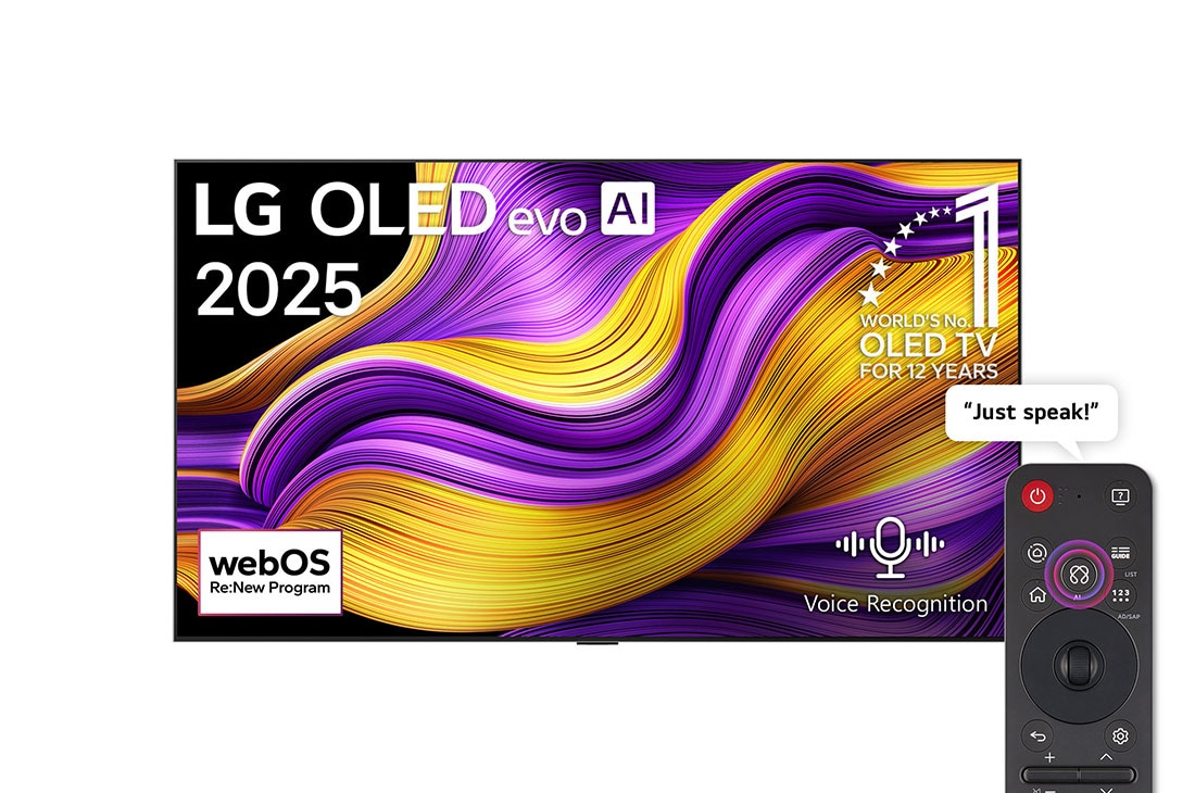 LG 65 inch LG OLED evo AI G5 4K 165Hz Smart TV AI Magic remote webOS25 2025, Front view of LG OLED evo AI G5 4K Smart TV. 12 Years of world number 1 OLED emblem and LG OLED evo AI 2025 logo are on the screen., OLED65G56LA