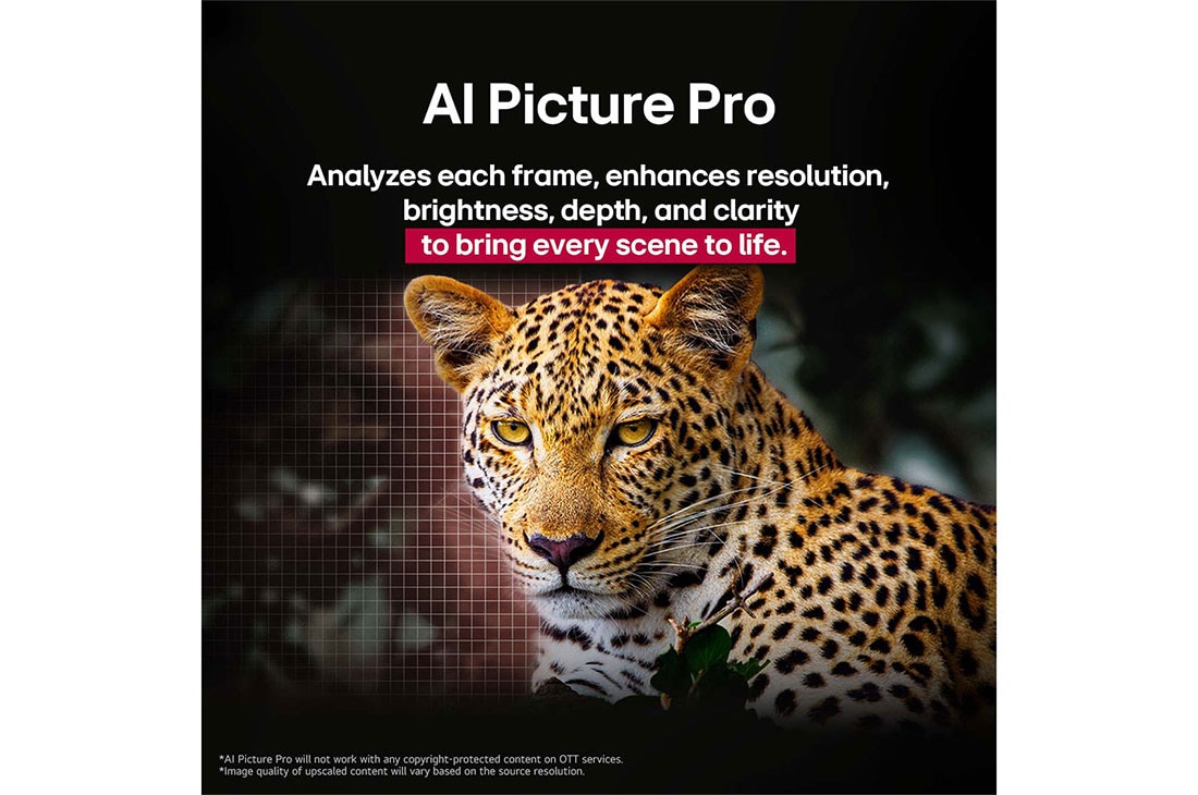 LG 65 inch LG OLED evo AI C5 4K 144Hz Smart TV AI Magic remote webOS25 2025 , Leopard in the forest in vivid color and detail. The leopard has a grid and a light glowing behind it, indicating how LG AI Picture Pro made impressive visual enhancements to the scene's resolution, b, OLED65C56LA, thumbnail 9