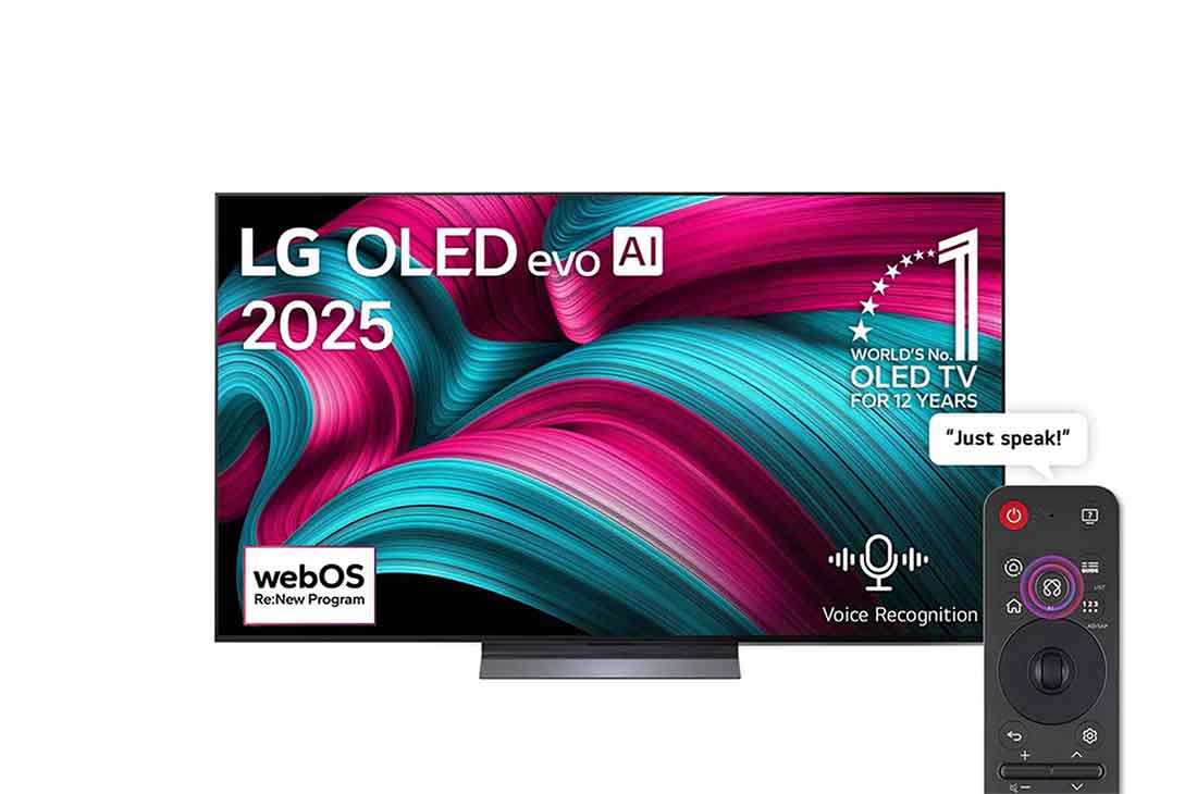 LG 65 inch LG OLED evo AI C5 4K 144Hz Smart TV AI Magic remote webOS25 2025 , Front view of LG OLED evo AI C5 4K Smart TV. 12 Years of world number 1 OLED emblem and LG OLED evo AI 2025 logo are on the screen., OLED65C56LA