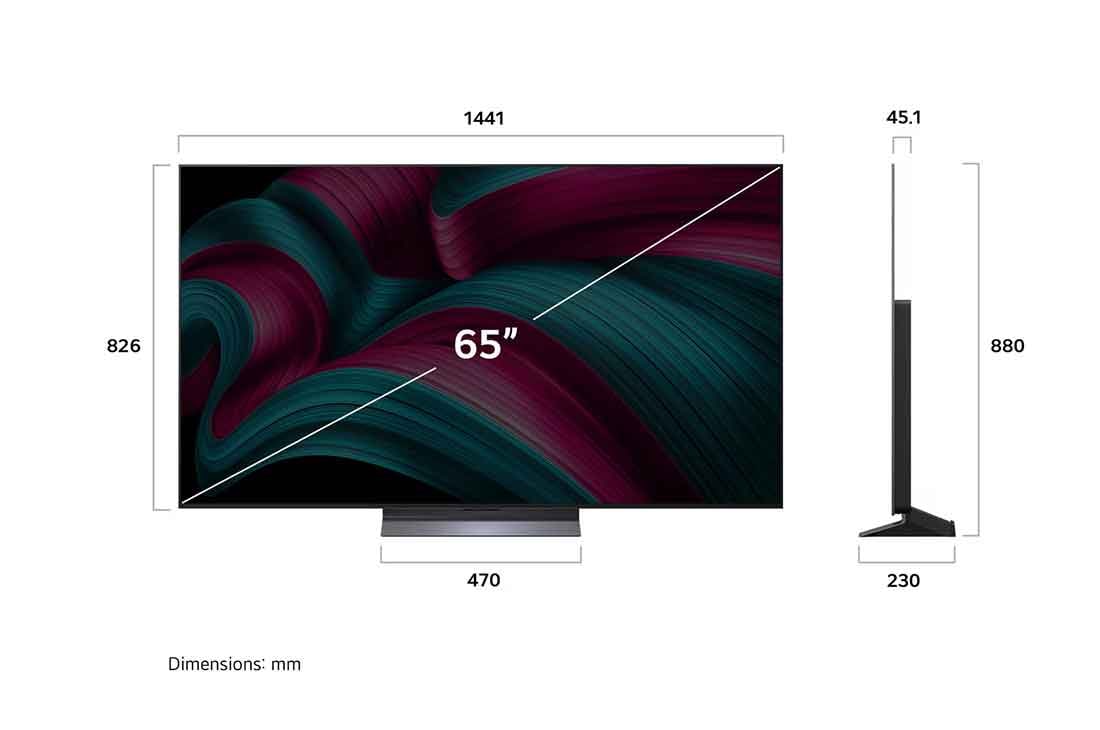LG 65 inch LG OLED evo AI C5 4K 144Hz Smart TV AI Magic remote webOS25 2025 , Front view and side view of LG OLED evo AI C5 4K Smart TV showing its length, width, height, and depth dimensions., OLED65C56LA, thumbnail 4