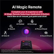 LG 65 inch LG OLED evo AI C5 4K 144Hz Smart TV AI Magic remote webOS25 2025 , LG AI Magic Remote with the AI button highlighted. Around it are the different functionalities that a user can access from the button. AI Voice ID, AI Search, AI Chatbot, AI Concierge, AI Picture Wiza, OLED65C56LA, thumbnail 11