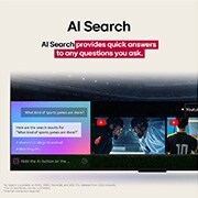 LG 55 inch LG OLED evo AI C5 4K 144Hz Smart TV AI Magic remote webOS25 2025 , Close-up of an LG TV showing how AI Search works. A small chat window is open showing how the user asked for what sports games are available. AI Search responded via chat and by showing thumbnails of , OLED55C56LA, thumbnail 12