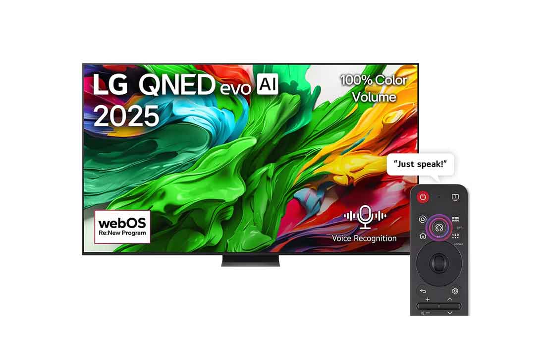 LG 100 inch LG QNED evo AI QNED86 4K 120Hz Smart TV AI Magic remote webOS25 2025, Front view of LG QNED evo QNED92 TV, LG QNED evo Al Logo on the top corner. LG QNED evo QNED92 TV TV depicts colorful paintike textures coming together., 100QNED86A6