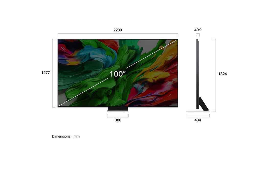 LG 100 inch LG QNED evo AI QNED86 MiniLED 4K 120Hz Smart TV AI Magic remote webOS25 2025, Front view and side view of LG QNED evo AI QNED85 4K Smart TV showing its length, width, height, and depth dimensions., 100QNED86A6, thumbnail 4