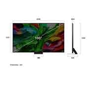 LG 100 inch LG QNED evo AI QNED86 MiniLED 4K 120Hz Smart TV AI Magic remote webOS25 2025, Front view and side view of LG QNED evo AI QNED85 4K Smart TV showing its length, width, height, and depth dimensions., 100QNED86A6, thumbnail 4