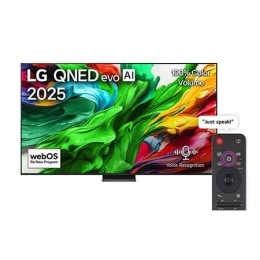 Vue avant de la TV LG QNED evo QNED86, logo LG QNED evo Al, dans le coin supérieur. La TV LG QNED evo QNED85 représente des textures colorées semblables à de la peinture, réunies.2
