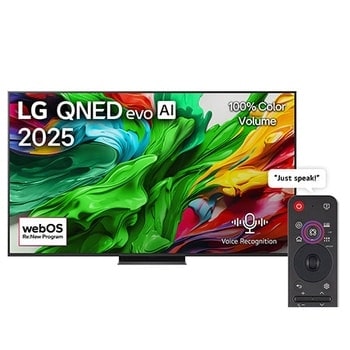 Vue avant de la TV LG QNED evo QNED86, logo LG QNED evo Al, dans le coin supérieur. La TV LG QNED evo QNED85 représente des textures colorées semblables à de la peinture, réunies.1