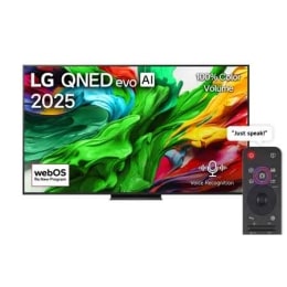 Vue avant de la TV LG QNED evo QNED86, logo LG QNED evo Al, dans le coin supérieur. La TV LG QNED evo QNED85 représente des textures colorées semblables à de la peinture, réunies.