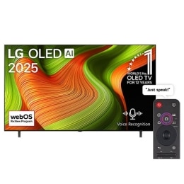 Front view of LG OLED AI B5 4K Smart TV. 12 Years of world number 1 OLED emblem and LG OLED AI 2025 logo are on the screen.