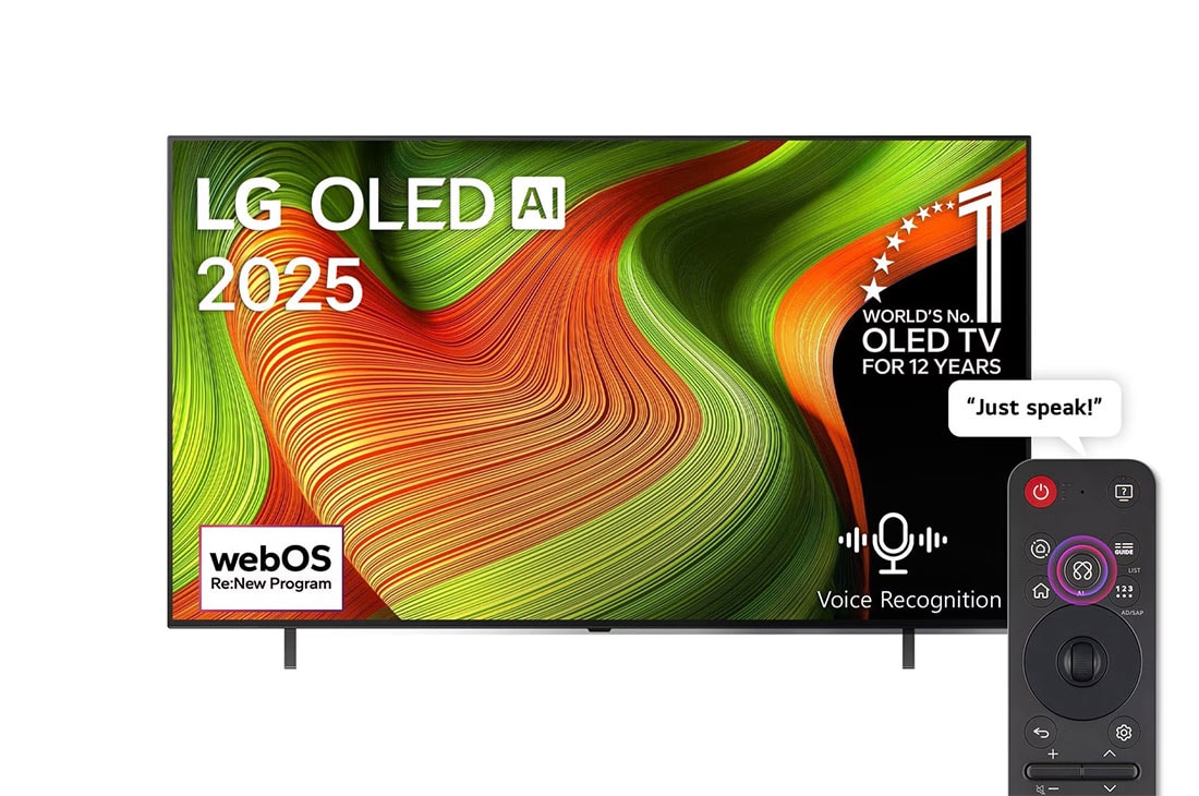 LG 65 inch LG OLED AI B5 4K 120Hz Smart TV AI Magic remote webOS25 2025 , Front view of LG OLED AI B5 4K Smart TV. 12 Years of world number 1 OLED emblem and LG OLED AI 2025 logo are on the screen., OLED65B56LA