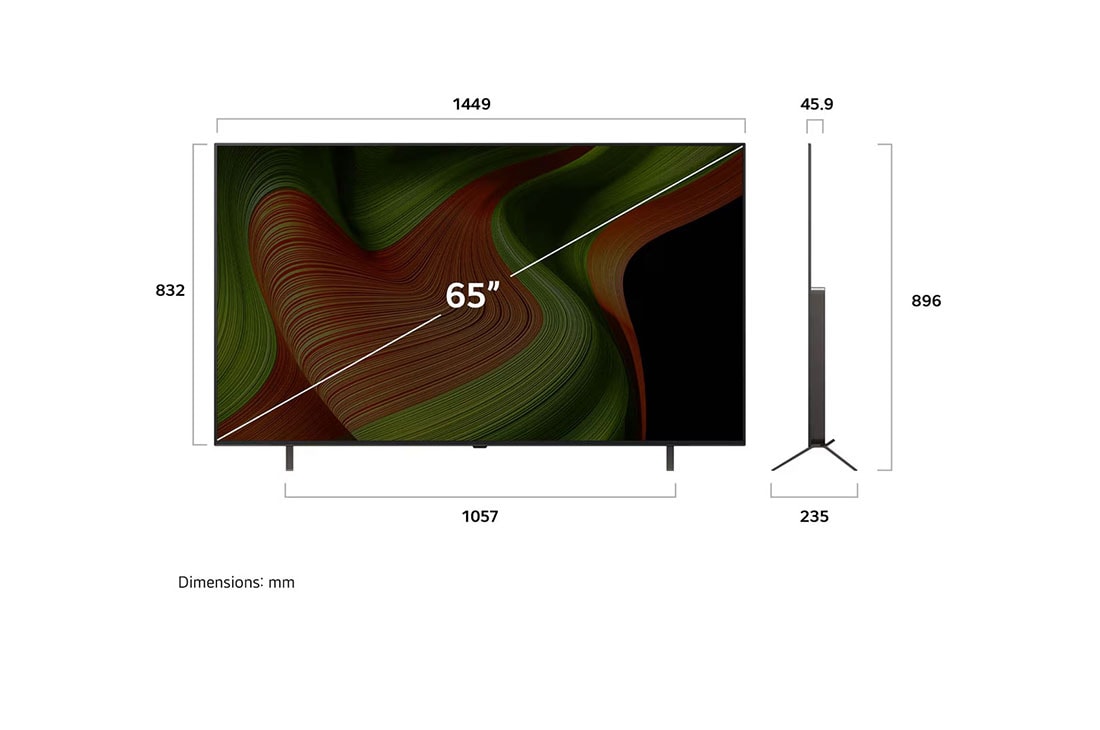 LG 65 inch LG OLED AI B5 4K 120Hz Smart TV AI Magic remote webOS25 2025 , Front view and side view of LG OLED AI B5 4K Smart TV showing its length, width, height, and depth dimensions., OLED65B56LA, thumbnail 4