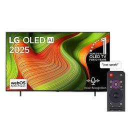 Front view of LG OLED AI B5 4K Smart TV. 12 Years of world number 1 OLED emblem and LG OLED AI 2025 logo are on the screen.2