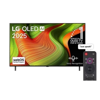 Front view of LG OLED AI B5 4K Smart TV. 12 Years of world number 1 OLED emblem and LG OLED AI 2025 logo are on the screen.1