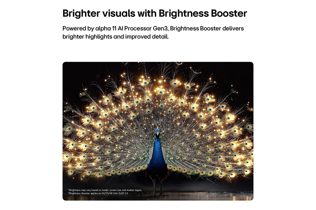 LG 65 inch LG OLED evo AI C6 4K Smart TV 2026, LG OLED evo AI C6 with Brightness Booster shows a dark scene where a brilliantly illuminated peacock spreads its radiant, glowing feathers, delivering brighter highlights with improved detail and stri, OLED65C66LA, thumbnail 3