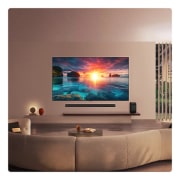 LG 77 inch LG OLED evo AI G6 4K Smart TV 2026, LG OLED evo AI G6 displays a vivid ocean sunset scene, with a soundbar and speaker positioned below the screen, enhancing a calm and atmospheric living space., OLED77G66LW, thumbnail 15