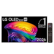LG 77 inch LG OLED evo AI C6 4K Smart TV 2026, The front view of LG OLED evo AI C6, released in 2026, features a slim black bezel, with a vivid, sculpted swirl of layered rainbow tones flowing across the screen, along with the World's No.1 OLED TV, OLED77C66LA, thumbnail 1