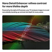 LG 55 inch LG NANO 4K UHD AI NU85 Smart TV 2026, LG NANO 4K UHD AI NU85 with Nano Detail Enhancer shows a feather image, powered by the alpha AI Processor that detects fine textures to enhance contrast and depth and deliver a clearer, more three-dim, 55NU850B6LA, thumbnail 3