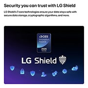 LG 55 inch LG NANO 4K UHD AI NU85 Smart TV 2026, LG Shield, applied to LG QNED evo AI QNED85, is shown with an LG Shield logo at the center, security icons below, and a 2026 CES Innovation Awards Honoree badge above, representing data and system pro, 55NU850B6LA, thumbnail 7