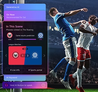 LG QNED evo AI Mini LED QNED82 delivers a dynamic sports experience on a clear screen, with AI-driven panels displaying predictions, player insights, and league data as gameplay is analyzed in real time.