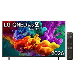 The front view of LG QNED evo AI Mini LED QNED85, released in 2026, fills the screen with vivid, fluid bursts of multicolored, paint-like motion, as dense clouds of color blend seamlessly across the d2