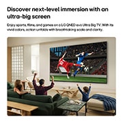 LG 85&nbsp;inch LG QNED AI Mini LED QNED70 4K Smart TV 2026, LG QNED AI QNED70 Mini LED Ultra Big TV is wall-mounted in a bright living room, showing an intense soccer moment with vivid colors and refined picture quality across a wide screen, as a family seated, 85QNED70B6T, thumbnail 3
