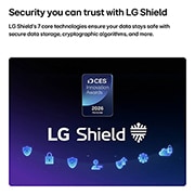 LG 75 inch LG NANO 4K UHD AI NU85 Smart TV 2026, LG Shield, applied to LG QNED evo AI QNED85, is shown with an LG Shield logo at the center, security icons below, and a 2026 CES Innovation Awards Honoree badge above, representing data and system pro, 75NU850B6LA, thumbnail 8