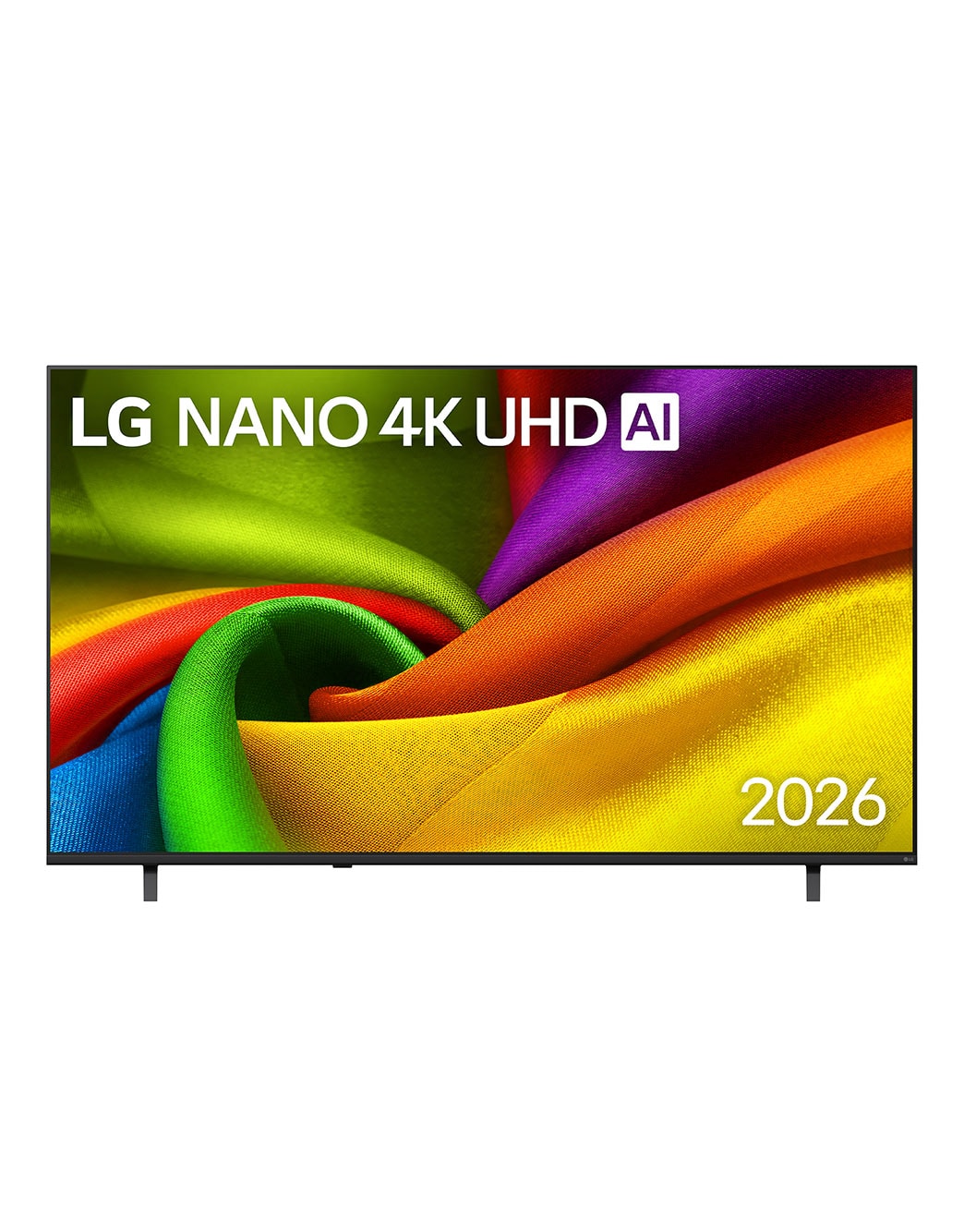 LG 75 inch LG NANO 4K UHD AI NU85 Smart TV 2026, The front view of LG NANO 4K UHD AI NU85, released in 2026, fills the screen with smooth, flowing layers of vividly colored, fabric-like textures, as curved multicolored folds spread across the displa, 75NU850B6LA, thumbnail 1