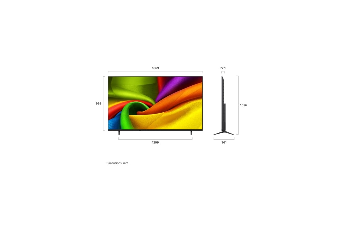 LG 75 inch LG NANO 4K UHD AI NU85 Smart TV 2026, LG NANO 4K UHD AI NU85 shown in front and side views highlights a 75-inch display with a 1669 mm-wide screen, 963 mm screen height, 1026 mm height with stand, a 72.1 mm profile depth, and a stand foot, 75NU850B6LA, thumbnail 2