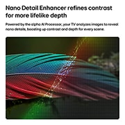 LG 65 inch LG NANO 4K UHD AI NU85 Smart TV 2026, LG NANO 4K UHD AI NU85 with Nano Detail Enhancer shows a feather image, powered by the alpha AI Processor that detects fine textures to enhance contrast and depth and deliver a clearer, more three-dim, 65NU850B6LA, thumbnail 3