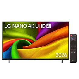 The front view of LG NANO 4K UHD AI NU85, released in 2026, fills the screen with smooth, flowing layers of vividly colored, fabric-like textures, as curved multicolored folds spread across the displa