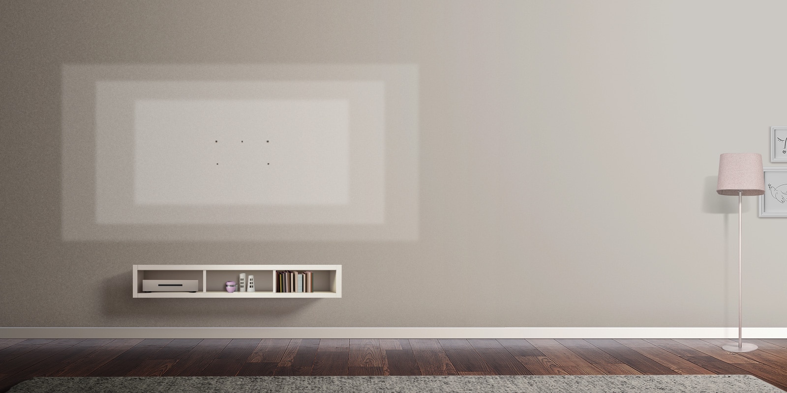 There are marks that describe the various size of ultra large tv on the wall in a living room where decorated with a pink stand, frames, and a tv table.