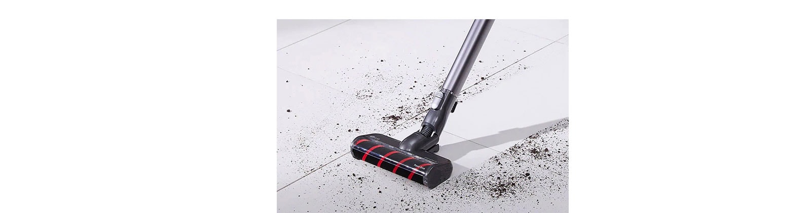 Three images in line: the first shows the vacuum vacuuming dirt from a hard surface.