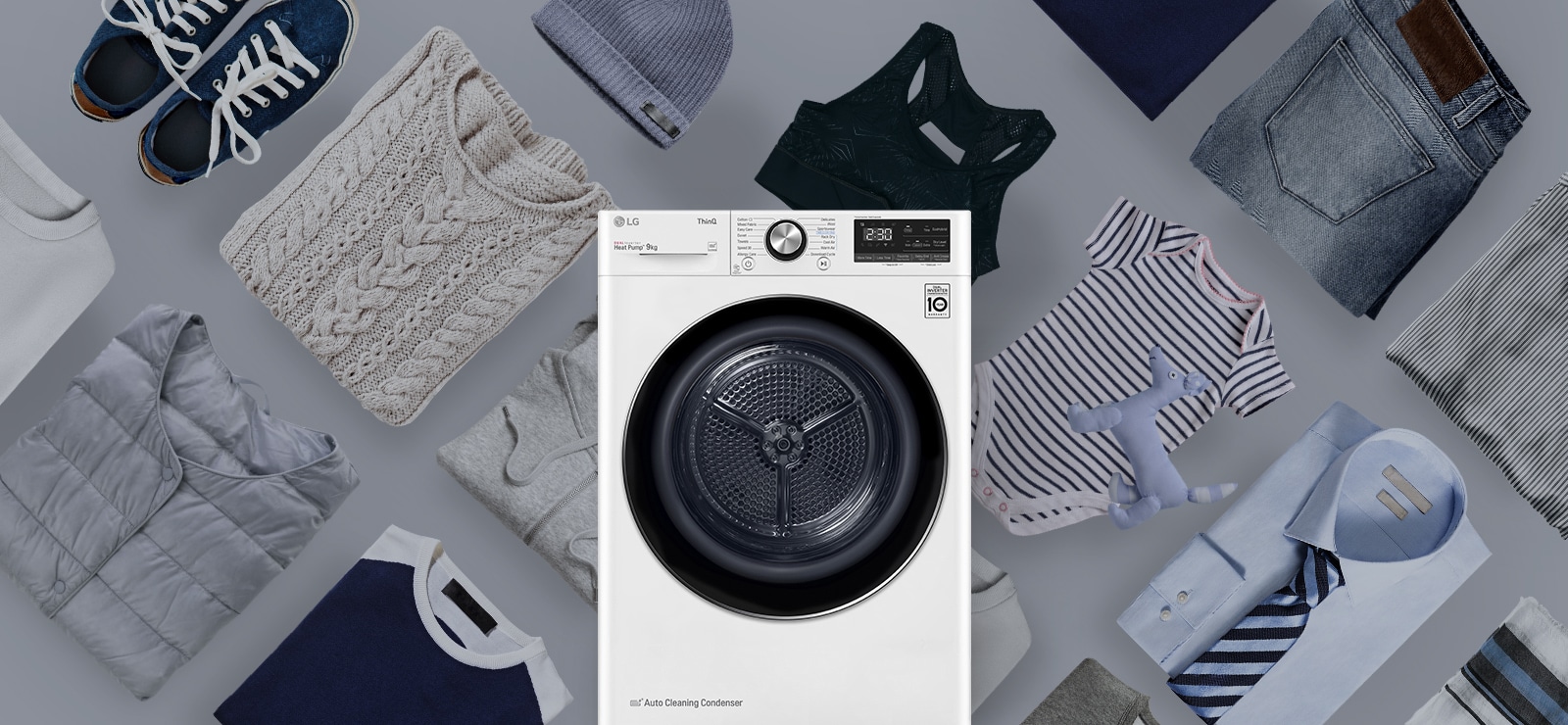 There are various fabrics behind the dryer.