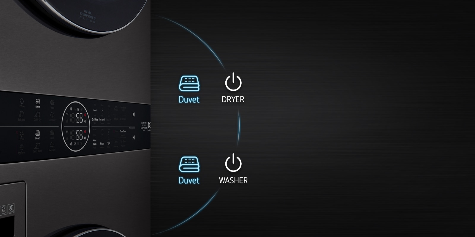 This is an image of the product panel. Dryer's Duvet button and Washer's Duvet button are highlighted.