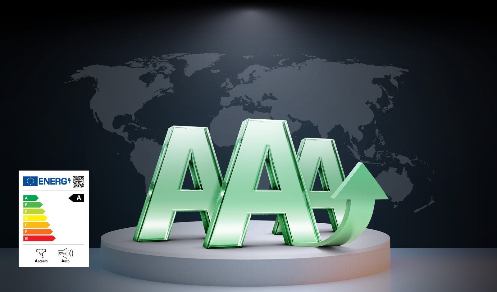 There are 3 A's on the stage in front of the world map background.