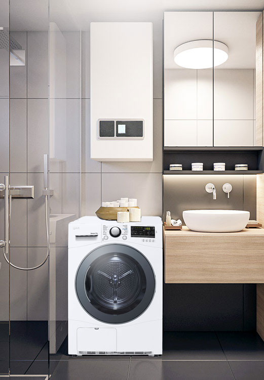 The Condensing Type Dryer is shown in a bathroom, with two side by side in a utility room, with two dryers stacked one on top of the other on a veranda, and with one in a living room closet.
