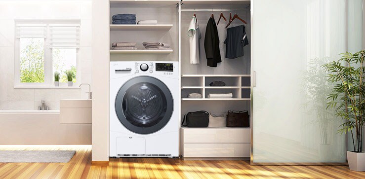 The Condensing Type Dryer is shown in a bathroom, with two side by side in a utility room, with two dryers stacked one on top of the other on a veranda, and with one in a living room closet.