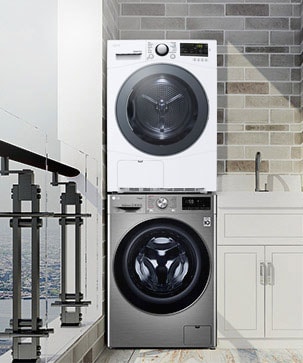 The Condensing Type Dryer is shown in a bathroom, with two side by side in a utility room, with two dryers stacked one on top of the other on a veranda, and with one in a living room closet.